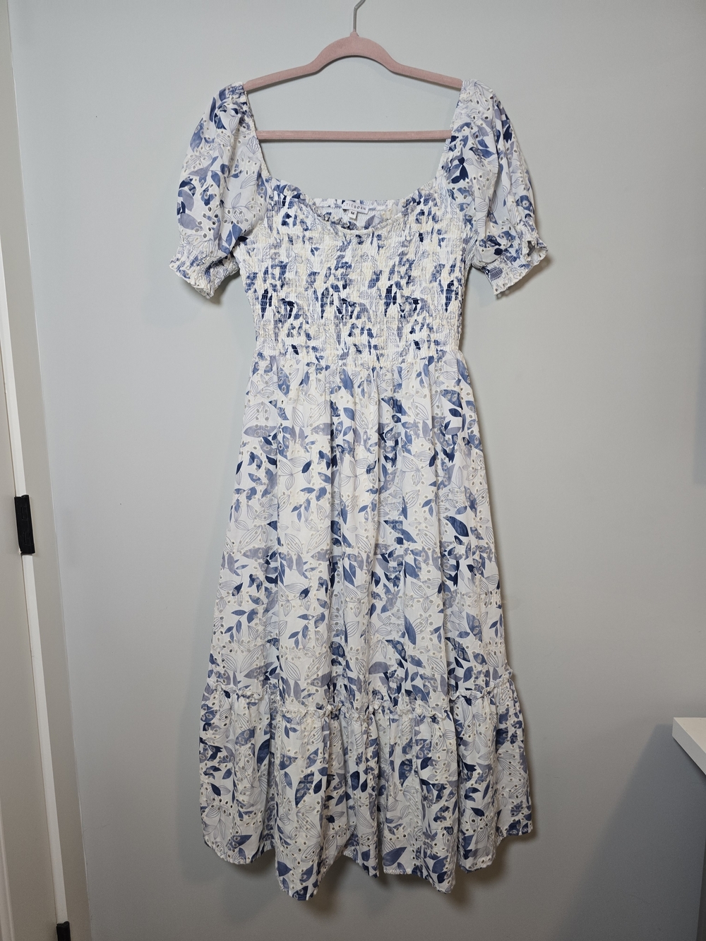 Baltic Born Piper Floral Eyelet Midi Dress Smocked Puff Sleeve Cottagecore M - Picture 1 of 9